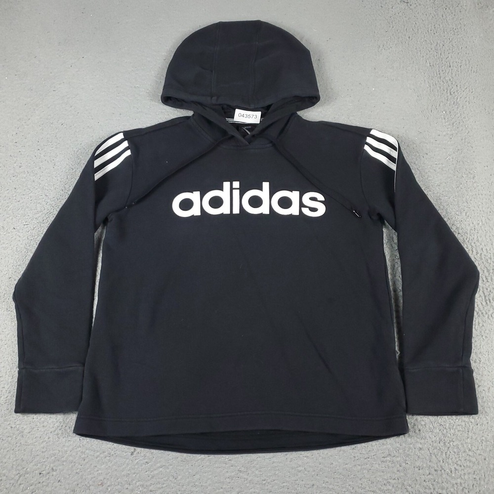 Adidas Womens Medium Black Pullover Hoodie Sweatshirt Logo 3-Stripe Activewear